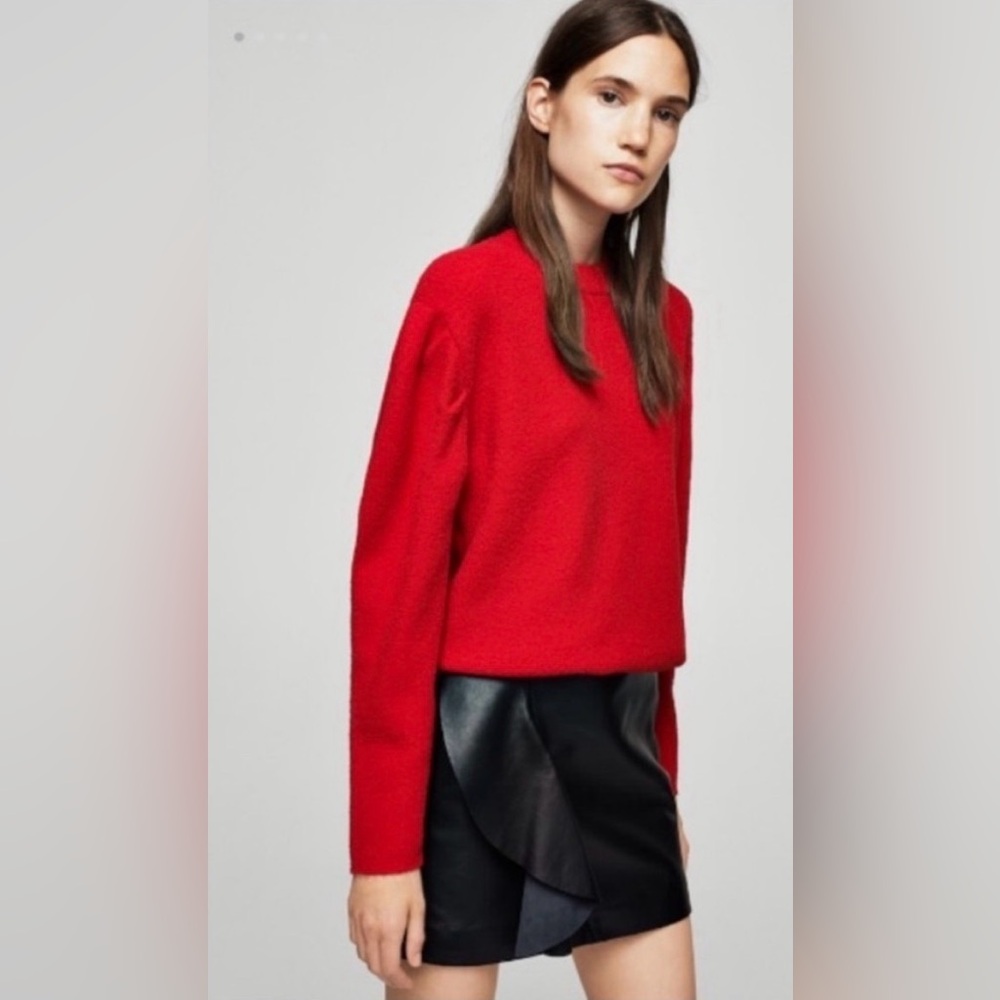 Mng mango Genuine Leather Black Ruffled Leather Mini Skirt